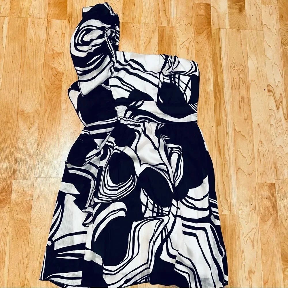 Bisou Bisou Black and White Ruffle One Shoulder Dress Women’s 10